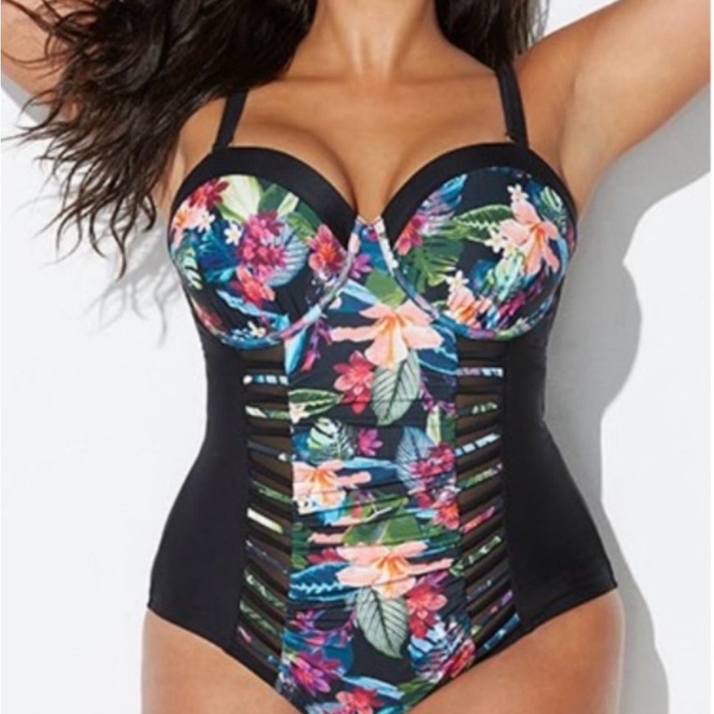 NWOT Ruched Underwire Bandeau One Piece Size 12 Swimsuits For All Floral
